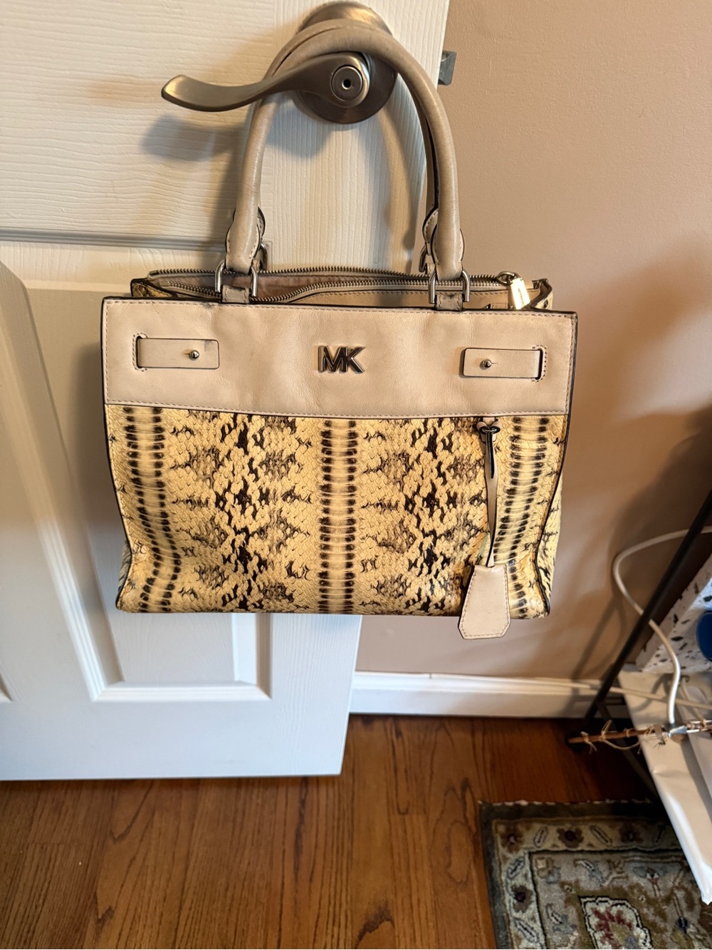 Michael Kors Beige and Black Snake-Print Satchel